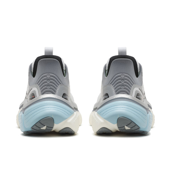 Gray and light blue athletic shoes on a white background