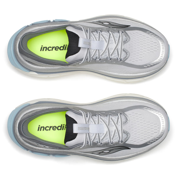 Gray running shoe with a bright green sole on a white background