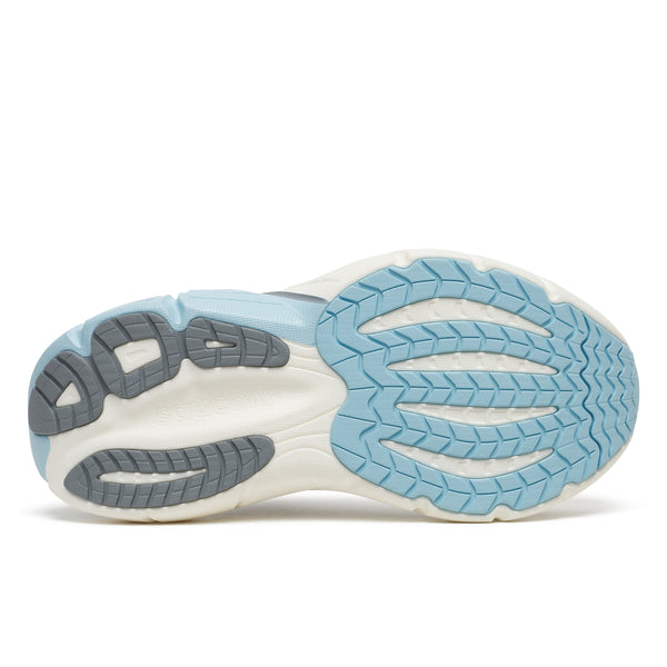 Close-up of a shoe sole with blue and gray design on a white background