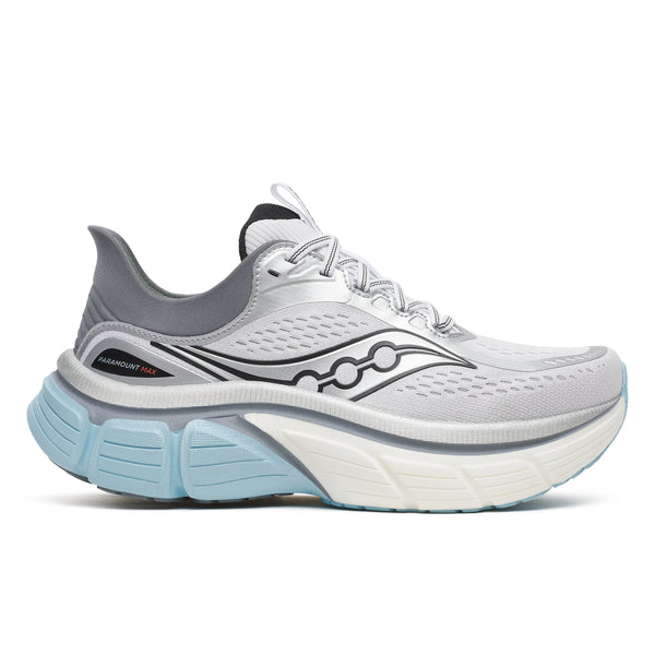 White and gray women's Saucony running shoe with blue sole on a white background