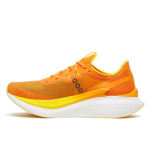 Orange and yellow running shoe on a white background
