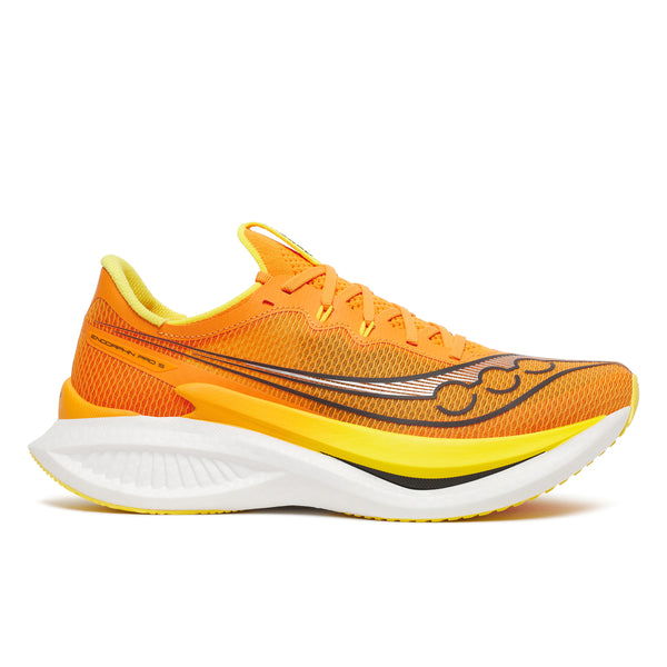 Orange and yellow running shoe with white sole on a white background