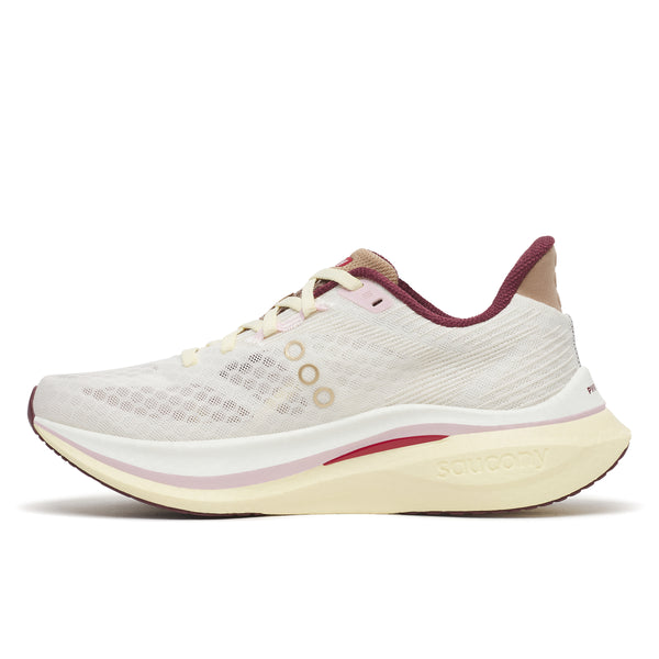 White running shoe with red accents on a white background