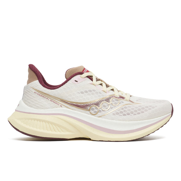 White running shoe with maroon accents on a white background