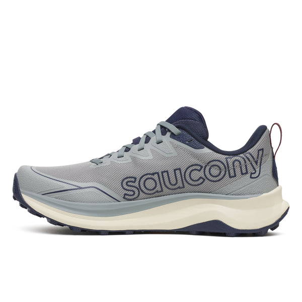 Gray and navy running shoe with 'Saucony' branding on a white background