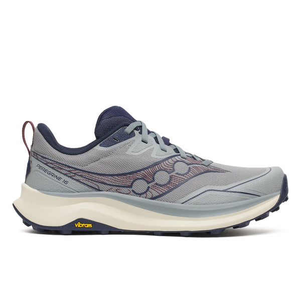 Gray and navy running shoe with 'Vibram' branding on a white background