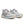 Pair of white running shoes with maroon accents on a white background