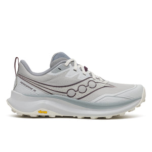 Gray running shoe with visible branding on a white background