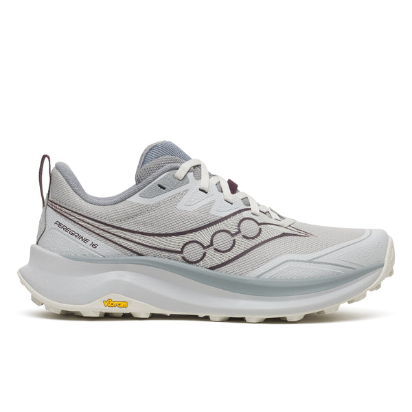 Gray running shoe with visible branding on a white background