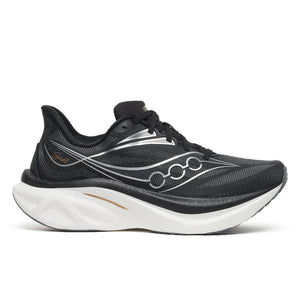 Black, white, and silver running shoe on a white background