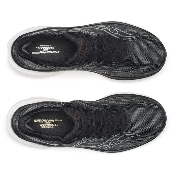 Black, white, and silver running shoe on a white background