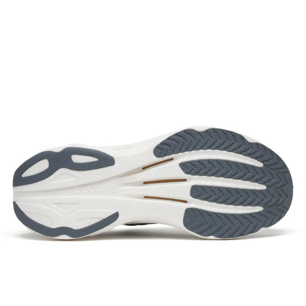Black, white, and silver running shoe on a white background