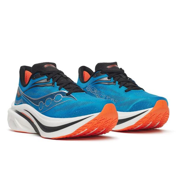 Blue, white, black, and orange running shoe on a white background