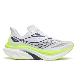 Neon yellow, white, and black running shoe on a white background