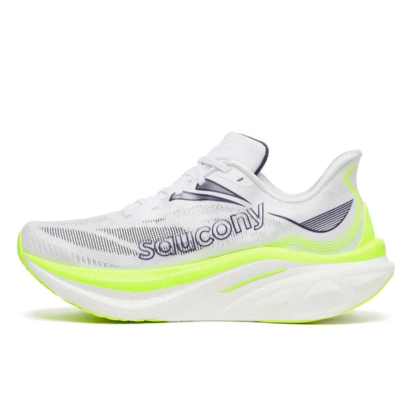Neon yellow, white, and black running shoe on a white background
