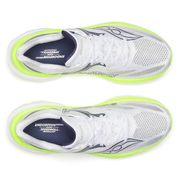 Neon yellow, white, and black running shoe on a white background