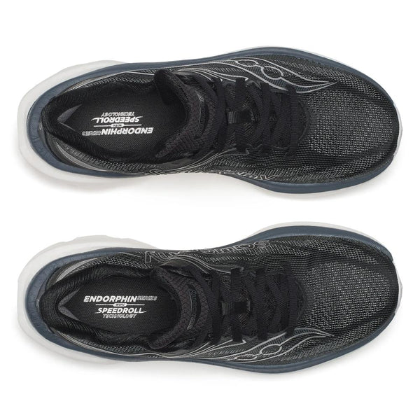 Black, white, and silver running shoe n a white background