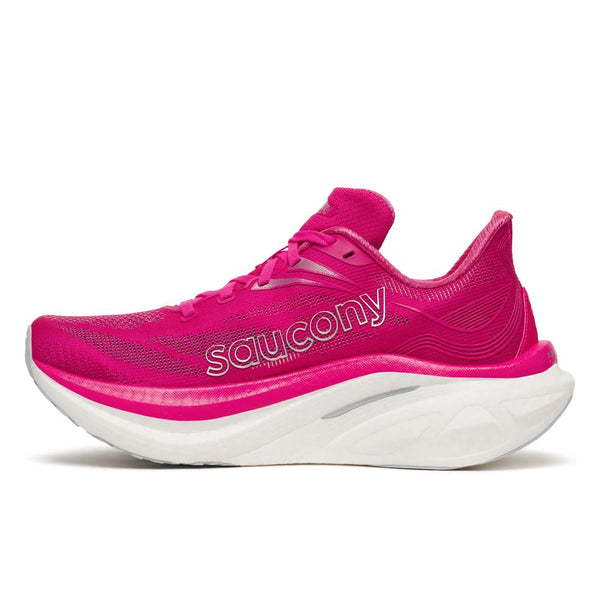 Fuchsia, white, and silver running shoe on a white background