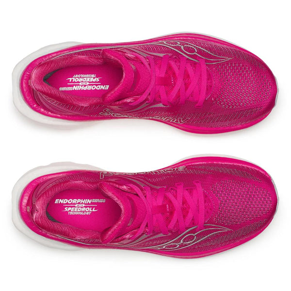 Fuchsia, white, and silver running shoe on a white background