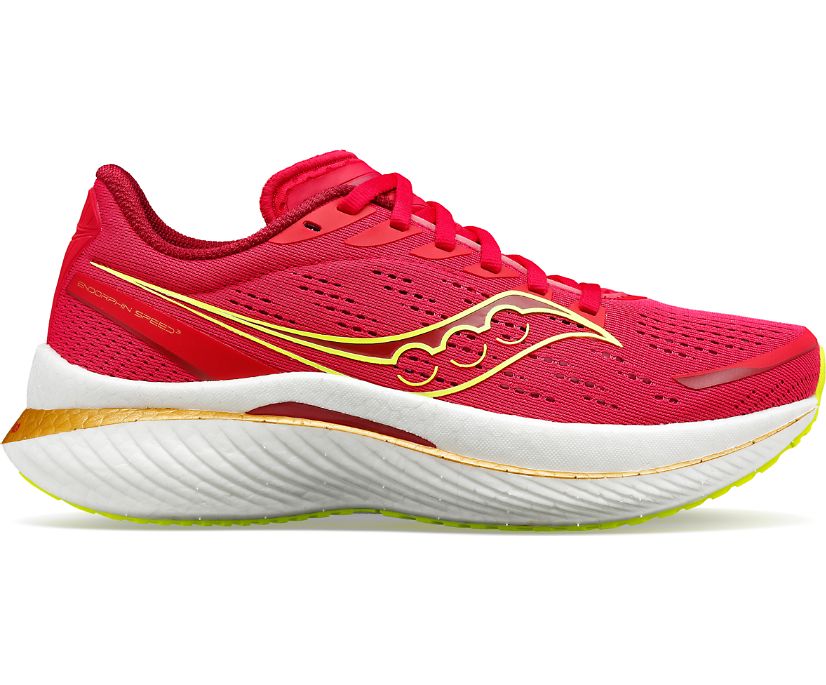 Lateral view of the Women's Endorphin Speed 3 by Saucony in the color Red/Rose