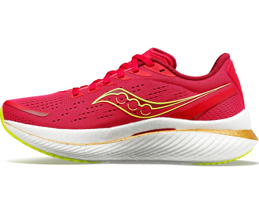 Medial view of the Women's Endorphin Speed 3 by Saucony in the color Red/Rose