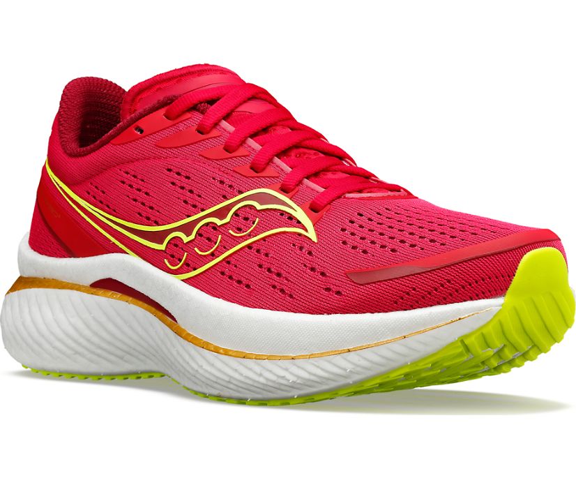 Front right angle view of the Women's Endorphin Speed 3 by Saucony in the color Red/Rose
