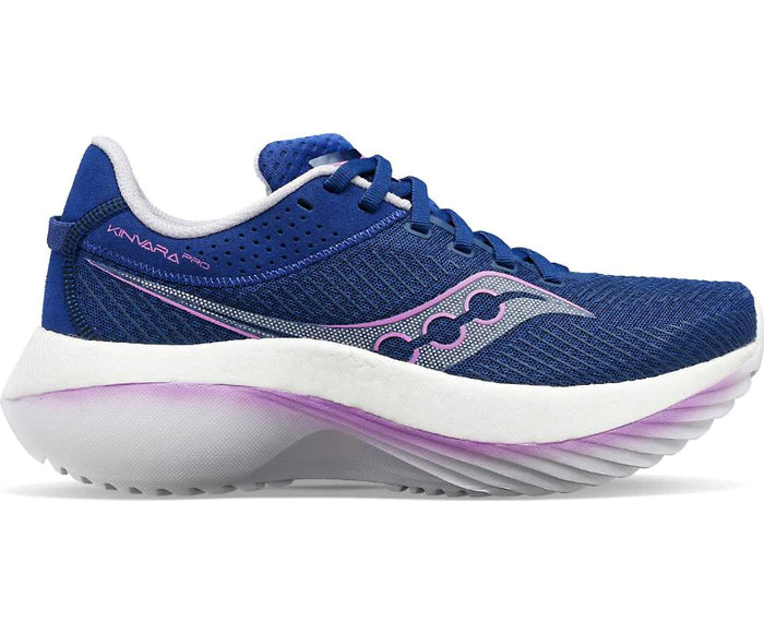 Lateral view of the Women's Kinvara Pro by Saucony in Indigo/Mauve