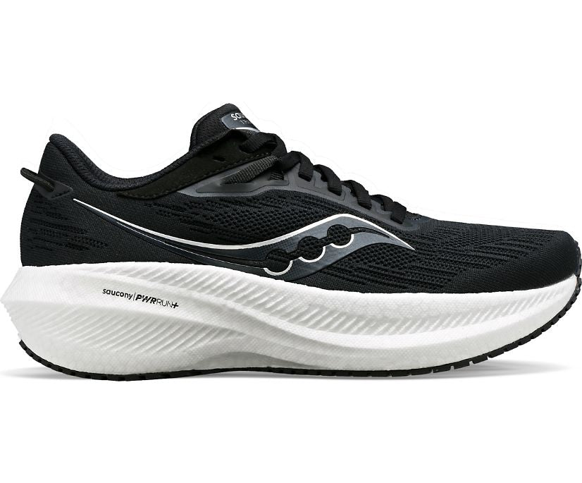 Lateral view of the Women's Triumph 21 by Saucony in the wide D width, color Black/White