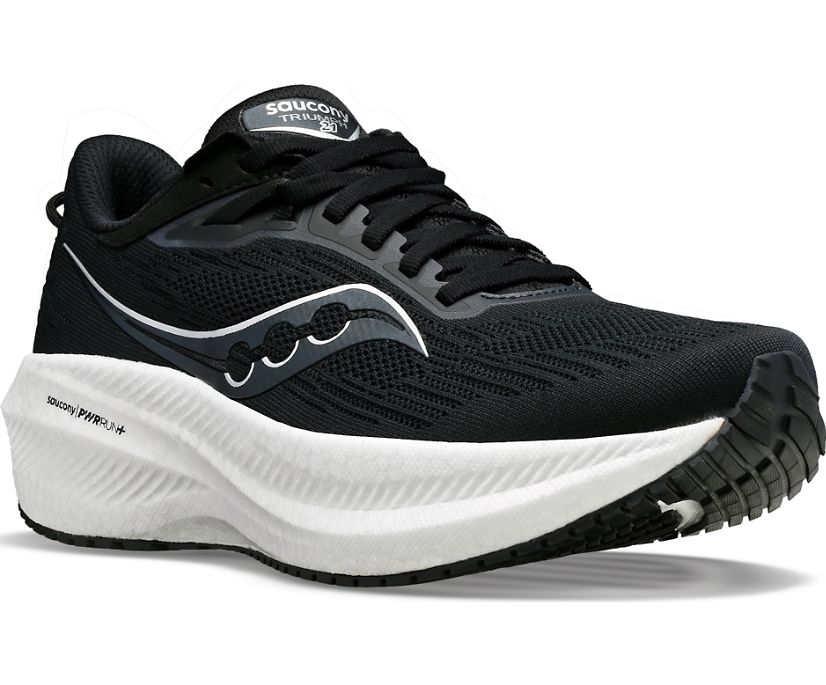 Front angle view of the Women's Triumph 21 by Saucony in the wide D width, color Black/White