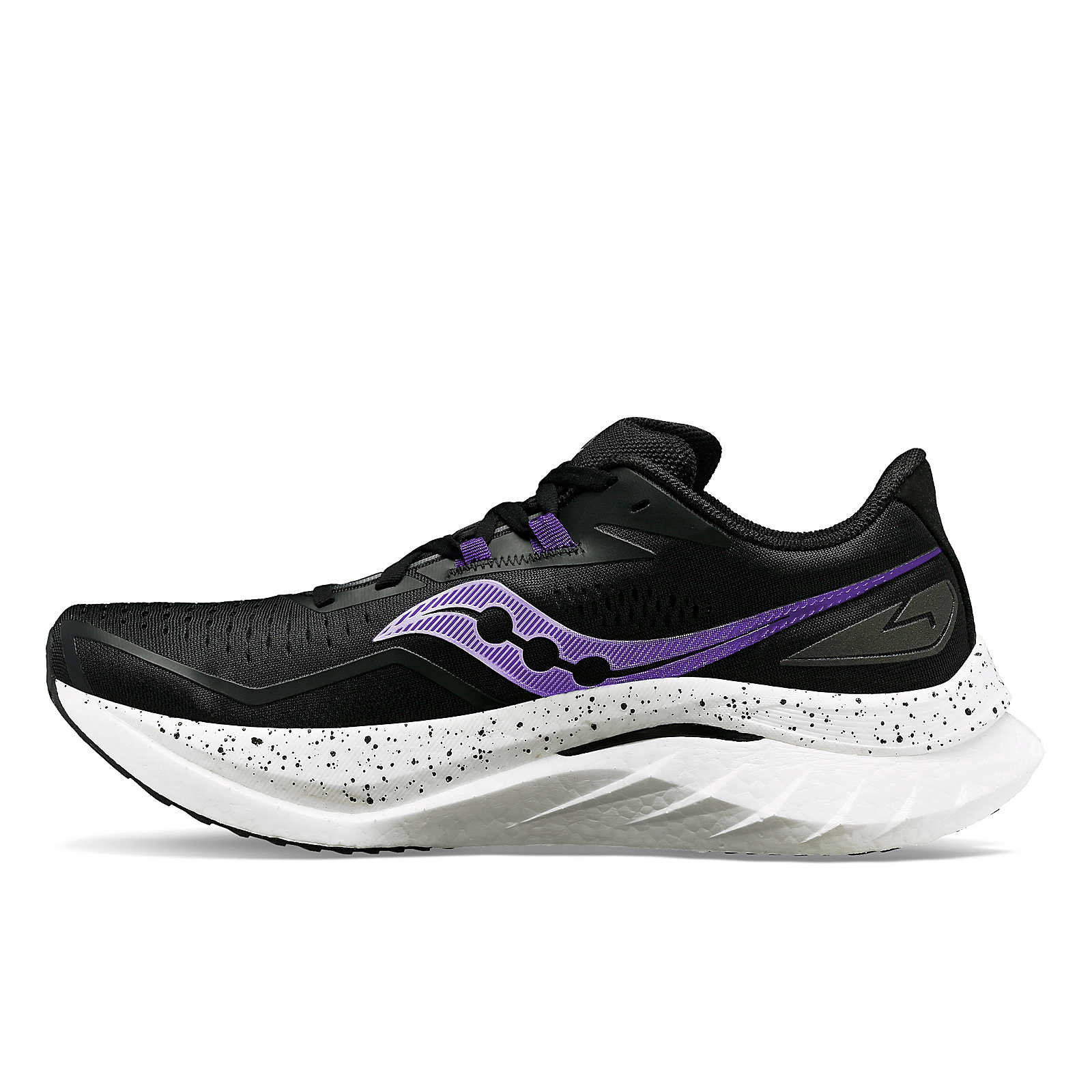 The medial side of the black women's Endorphin Speed 4 has a speckkled midsole