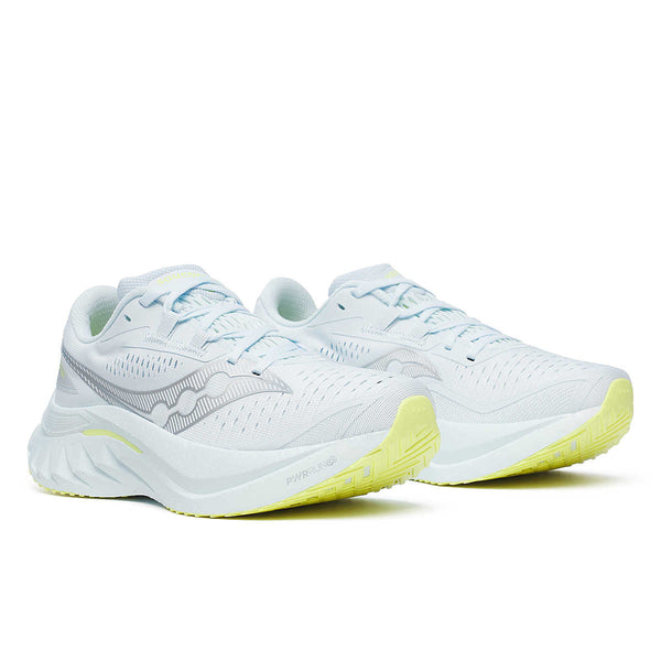 The laces on this women's Saucony shoe match the ame color of the upper.