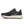 Black running shoe with white stripes on a white background