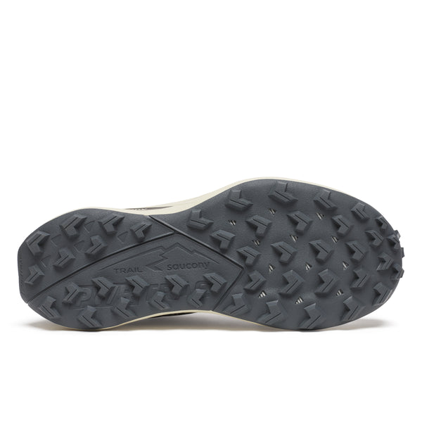 Close-up of a black shoe sole with tread pattern on a white background