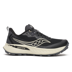Black Saucony running shoe on a white background