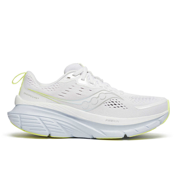 A pair of women's stability running shoes with a white upper and white sole, featuring yellow accents..