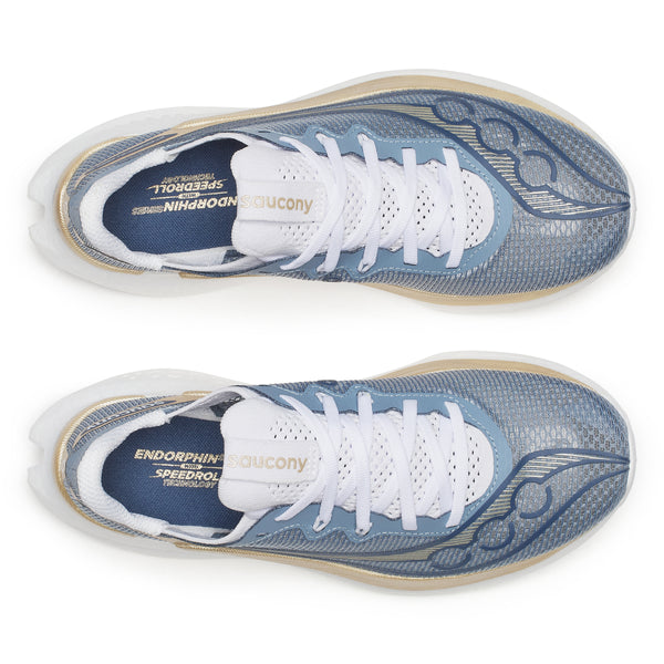 Blue and white running shoes with 'Endorphin' branding on a white background