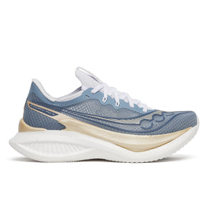 Blue and beige women's Saucony running shoe on a white background.