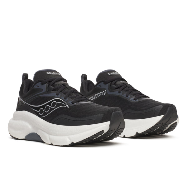 Black and white running shoes with Saucony logo on a white background