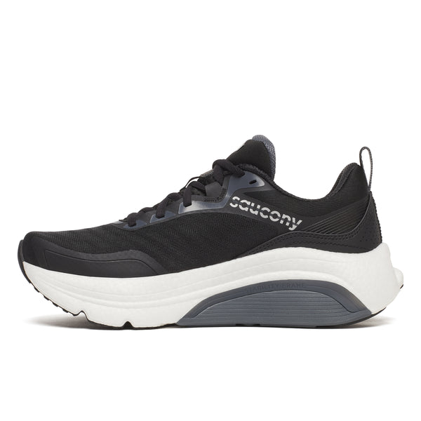 Black and white running shoes with Saucony logo on a white background