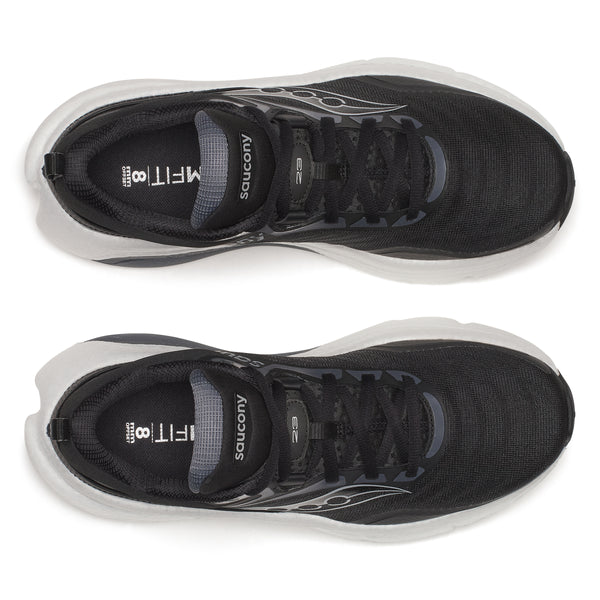 Black and white running shoes with Saucony logo on a white background