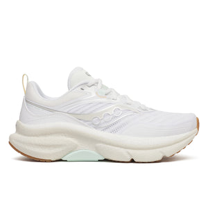 White women's SAucony stability running shoe with a thick sole on a white background