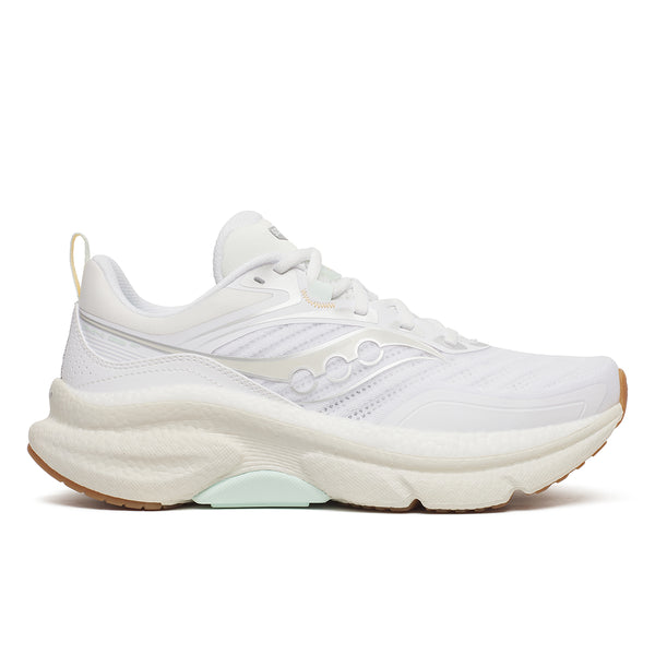White women's SAucony stability running shoe with a thick sole on a white background