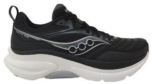 Black running shoe with white sole on a white background