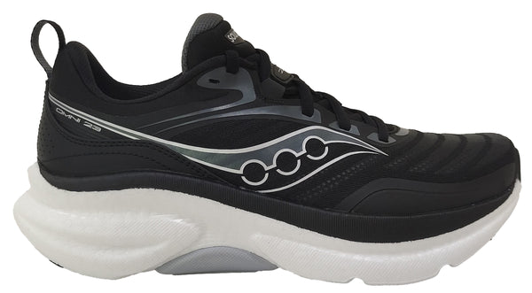 Black running shoe with white sole on a white background