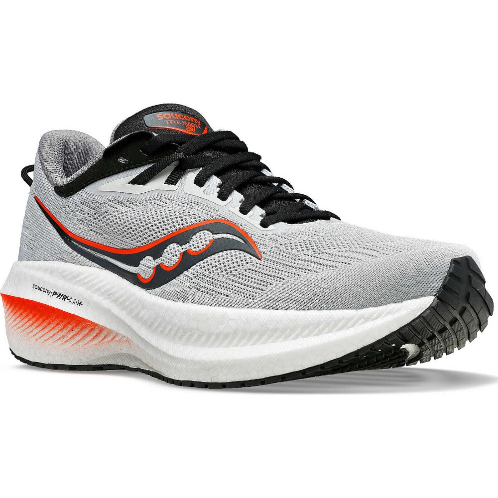 The Saucony Triumph 21 has a grey upper with a bit of a red outline on teh logo