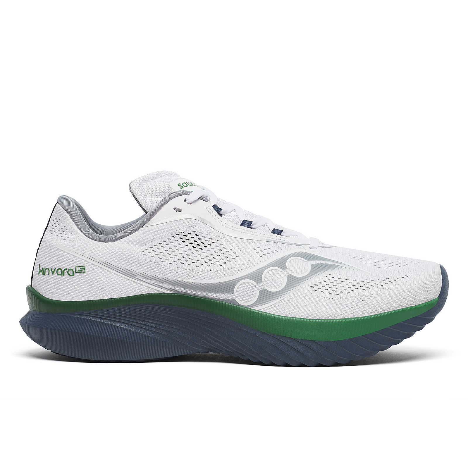 These lightweight running shoes are white and have a bit of navy in the midsole