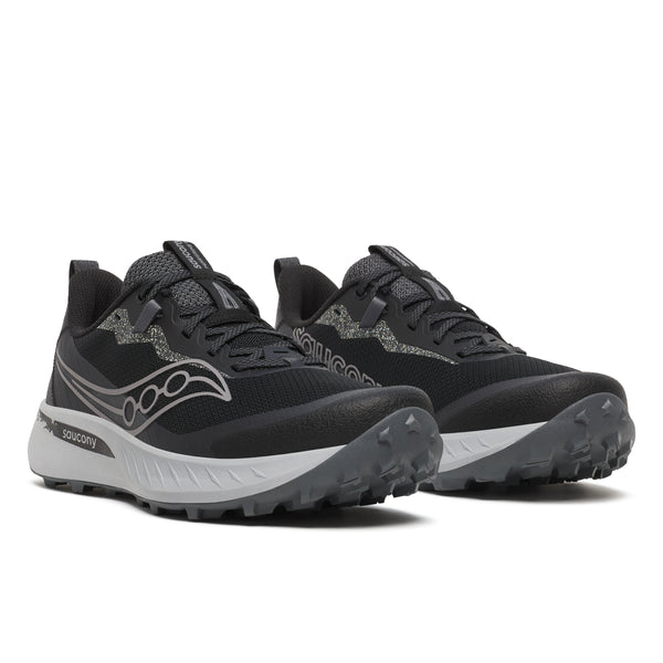 Black and gray Saucony running shoes on a white background