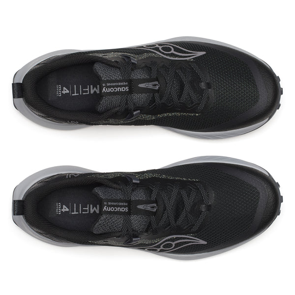 Black running shoes with gray soles on a white background