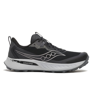 Gray running shoe with green accents on a white background