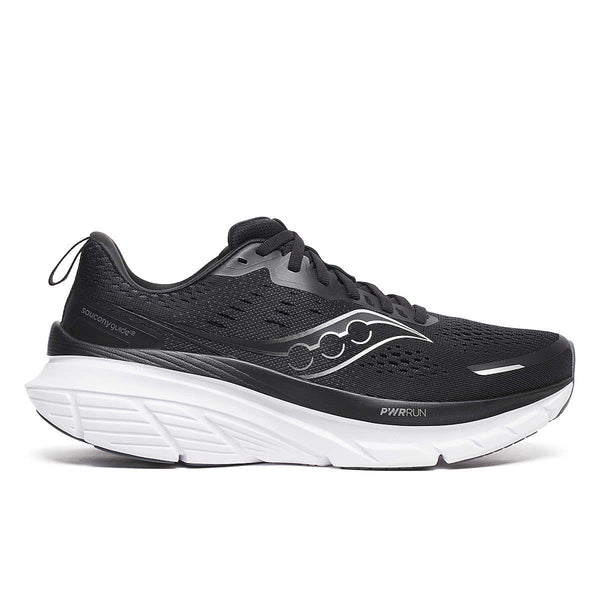 Black Saucony Guide 18 running shoe with white sole on a white background.
